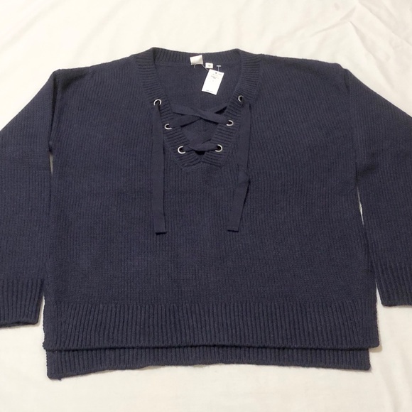 Gap Women’s Chunky Navy Blue Long Sleeve Lace-Up V-Neck Sweater w/Side Slits - L - Picture 10 of 16